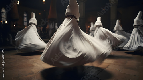 Sufi Dervish Whirling Silhouette in white dress, Turkey. Generation AI. photo