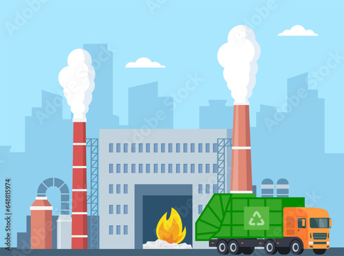 Incineration plant and garbage truck. Waste factory. Trash transportation and recycling. Rubbish disposal. Smoke pipes. Nature pollution. Industrial production building. Vector illustration.