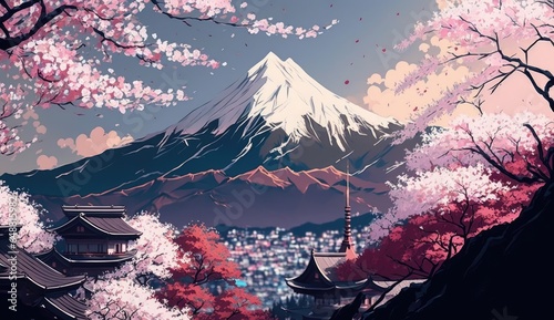 Beautiful pink sakura cherry blossom with mountain, spring landscape, cartoon manga anime art style, AI generated