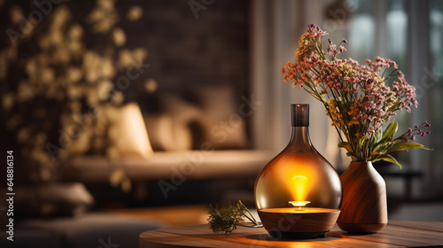 ambient room with aromatherapy diffuser spreading soothing aromas