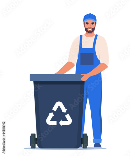 Garbage man in uniform with black trash bin and recycling symbol on it. Garbage sorting. Zero waste, environment protection concept. Vector illustration.