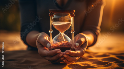 gentle hands holding sand timer emphasizing self-reflection