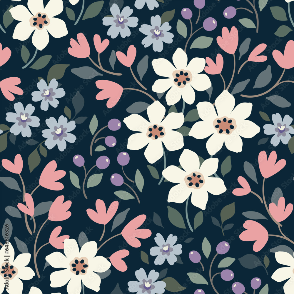 Seamless floral pattern, liberty ditsy print of pretty forest meadow. Cute botanical design: small hand drawn wild flowers, leaves, berries, herbs on a dark background. Vector illustration. Seamless floral pattern, liberty ditsy print of pretty forest meadow. Cute botanical design: small hand drawn wild flowers, leaves, berries, herbs on a dark background. Vector illustration.