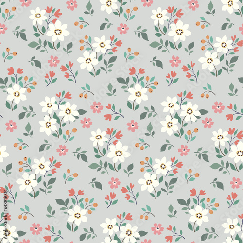 Seamless floral pattern, liberty ditsy print with a romantic rustic motif. Cute botanical design with spring field: small hand drawn flowers, tiny leaves, simple plants on a blue background. Vector.