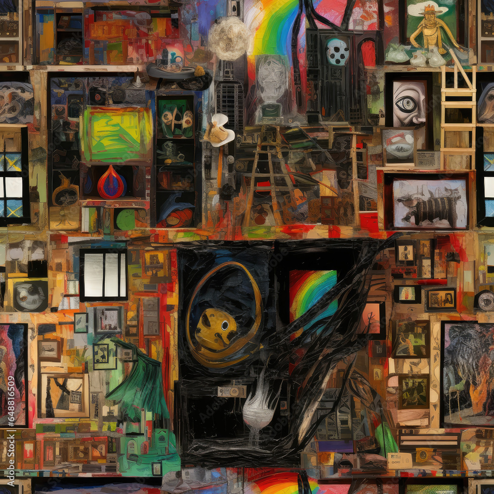 Painter art studio colorful repeat pattern cartoon collage