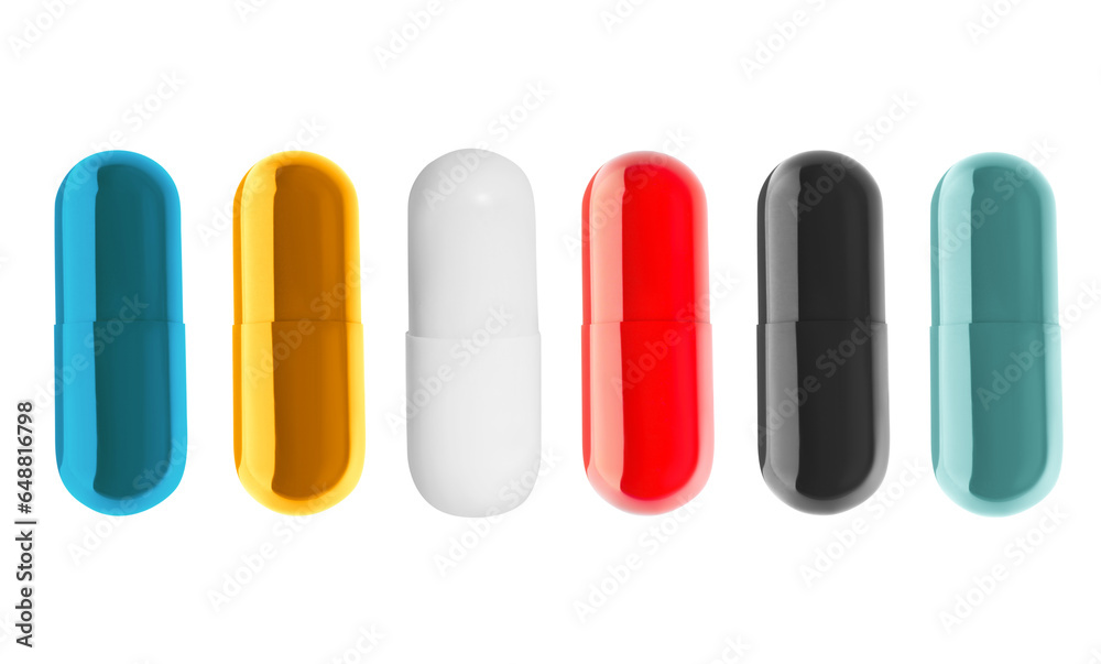 Bright colored capsules, pills. on isolated transparent background