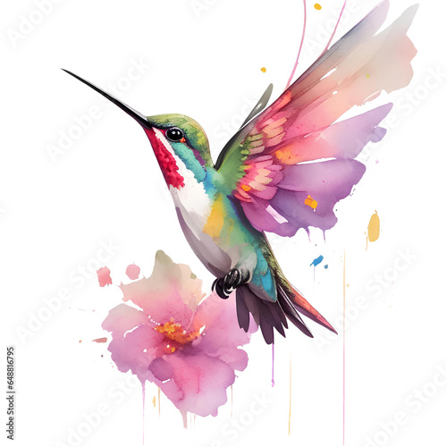 Flying Hummingbird isolated in white background. Watercolor painting.