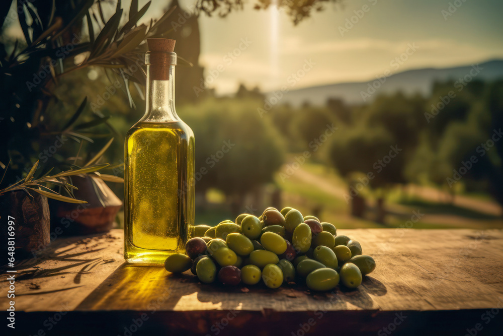 Bottle of extra virgin olive oil, on an old wooden table. Generative AI. Bottle of extra virgin olive oil, on an old wooden table. Generative AI.