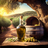 Bottle of extra virgin olive oil, on an old wooden table. Generative AI.