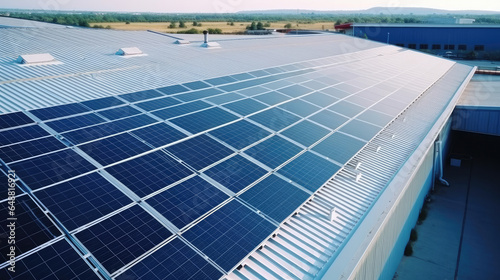 Top view Solar Cell on Warehouse Factory. Solor photo voltaic panels system power or Solar Cell on industrial building roof for producing green ecological electricity. Production of renewable energy.
