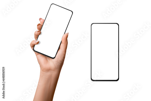 A woman's hand holds a phone with a blank screen. on isolated transparent background
