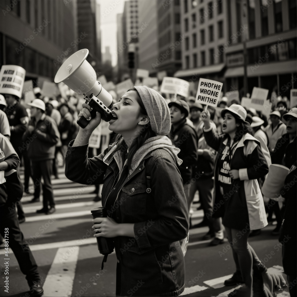 a woman shouting through megaphone on a workers environmental protest in a crowd in a big city. black and white documentary photo. Generative AI - obrazy, fototapety, plakaty 