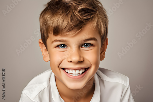 a closeup photo portrait of a cute handsome boy kid smiling with clean teeth. used for a dental ad. guy with fresh stylish hair. isolated on white background. Generative AI
