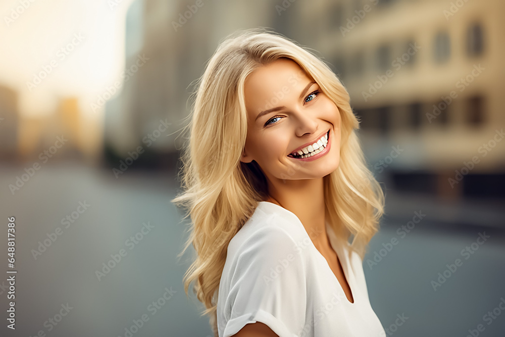 a closeup photo portrait of a pretty blonde woman smiling with perfect clean teeth. used for a dental ad. beautiful lady. staying oustide on a city nature background. Generative AI a closeup photo portrait of a pretty blonde woman smiling with perfect clean teeth. used for a dental ad. beautiful lady. staying oustide on a city nature background. Generative AI