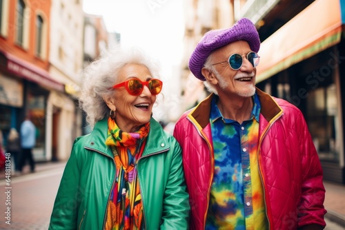 Older aged couple walking city street in vintage colorful style clothes. Smiling happy faces. Colorful autumn scene.