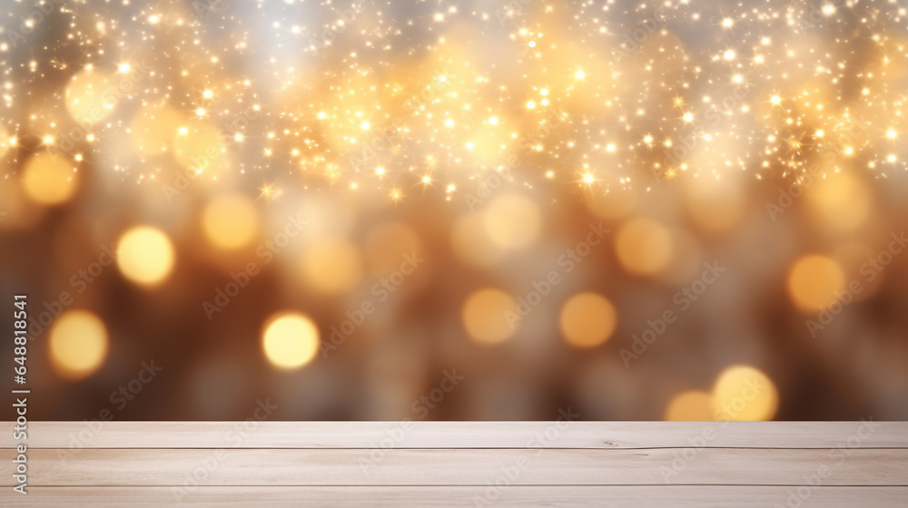 Empty wooden table with blured christmas lights on background and copy space. AI