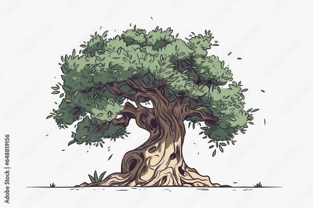 Illustration of an old centenary olive tree. Generative AI. - obrazy, fototapety, plakaty 