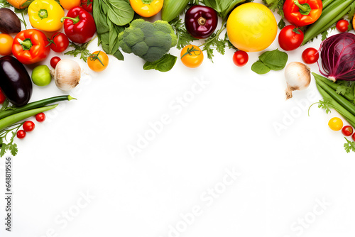 Variety top view of fresh organic vegetables on white background with copy space  Healthy food concept  Generative AI