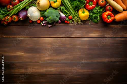 Variety top view of fresh organic vegetables on dark wooden floor with copy space, Healthy food concept, Generative AI