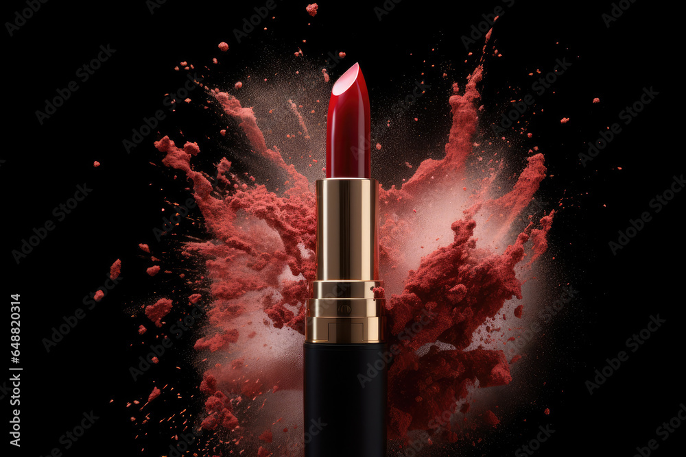 Red lipstick with explosion of red powder, commercial, AI generated - obrazy, fototapety, plakaty 
