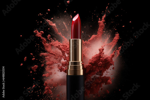 Red lipstick with explosion of red powder, commercial, AI generated