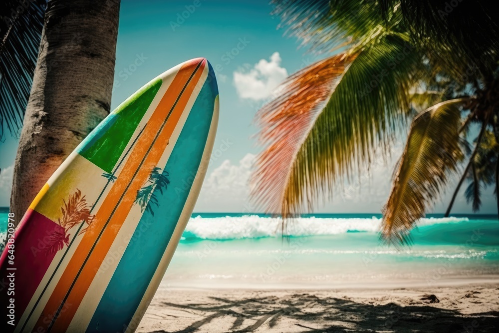 Surfboard on tropical beach, colorful, summer, AI generated Surfboard on tropical beach, colorful, summer, AI generated