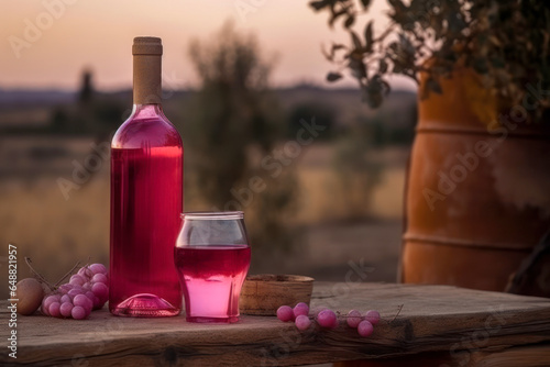 Bottle and glass of rose wine, on a wooden table, with the rural countryside in the background. Generative AI.