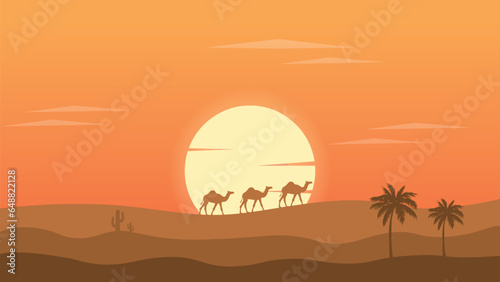 desert sunset with sand dunes date trees camels and cactus plant 4K wallpaper for computer