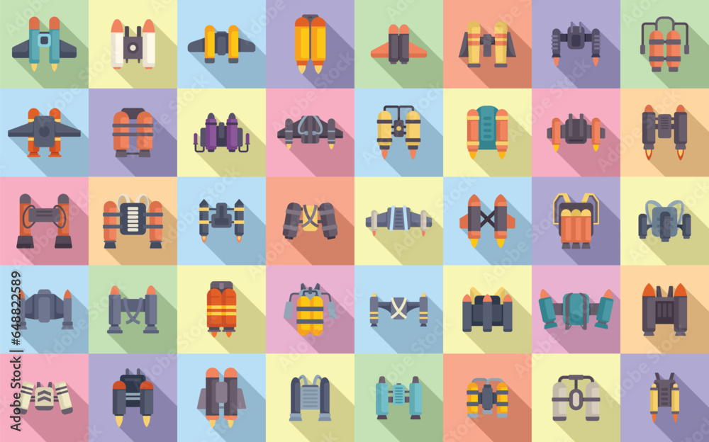 Jetpack icons set flat vector. Kid fly. Super aircraft Jetpack icons set flat vector. Kid fly. Super aircraft