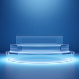 3d glass display stand for products, Ice podium for advertising with blue background, Concept of cooling, beverage and technology, studio lighting, Generative AI.