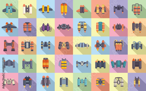 Jetpack icons set flat vector. Kid fly. Super aircraft