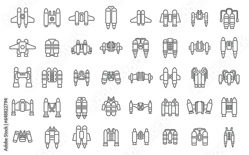 Jetpack icons set outline vector. Kid fly. Super aircraft