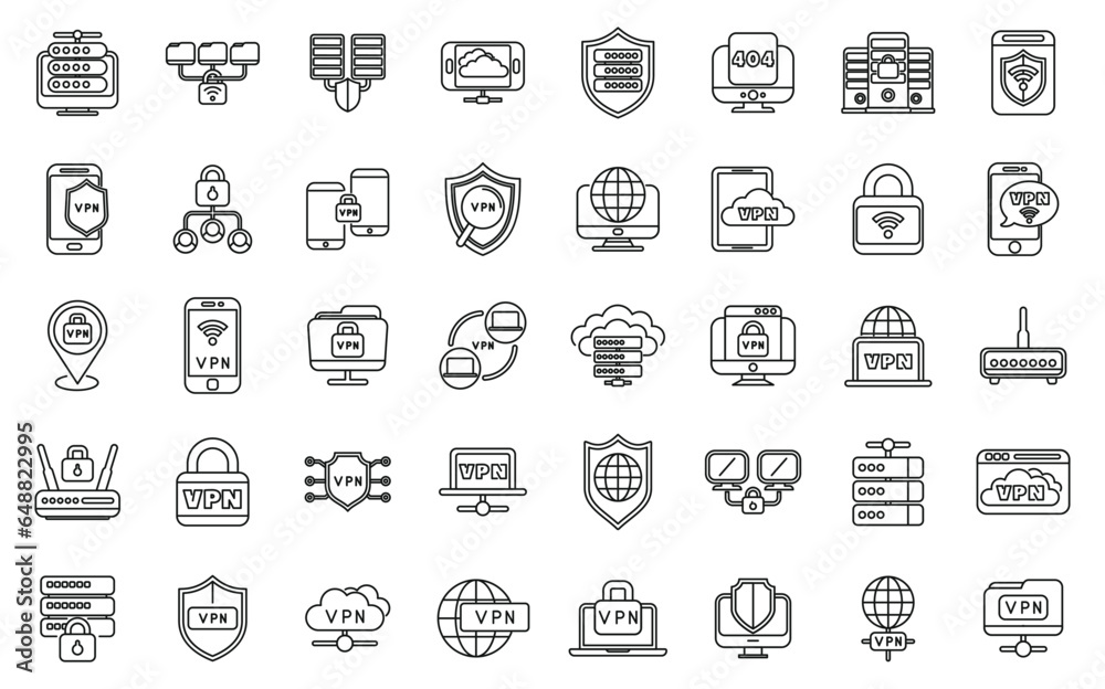 VPN icons set outline vector. Shield data. Key private