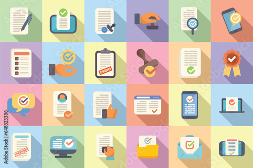 Application approval icons set flat vector. File loan. Happy job