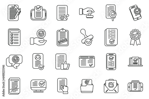 Application approval icons set outline vector. File loan. Happy job