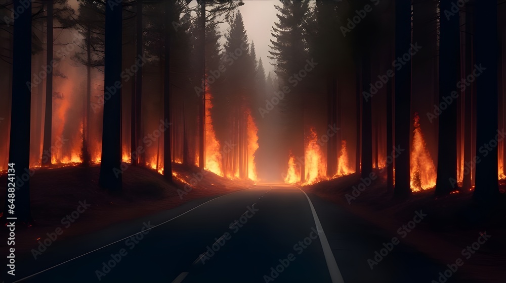 the burning forest at the end of a road