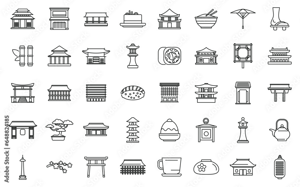 Fototapeta premium Kyoto icons set outline vector. Real estate. Japan culture