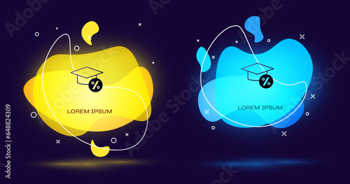 Black Graduation cap and coin icon isolated on black background. Education and money. Concept of scholarship cost or loan, tuition or study fee. Abstract banner with liquid shapes. Vector
