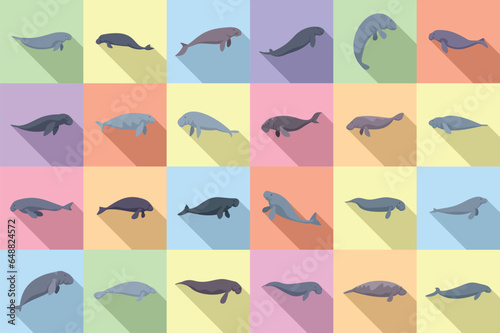 Dugong icons set flat vector. Animal diving. Marine sea