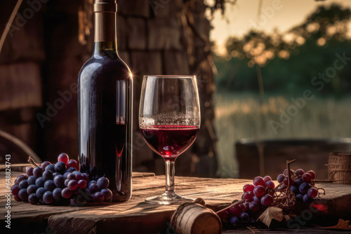 Bottle and glass of red wine, on a wooden table, with the rural countryside in the background. Generative AI.