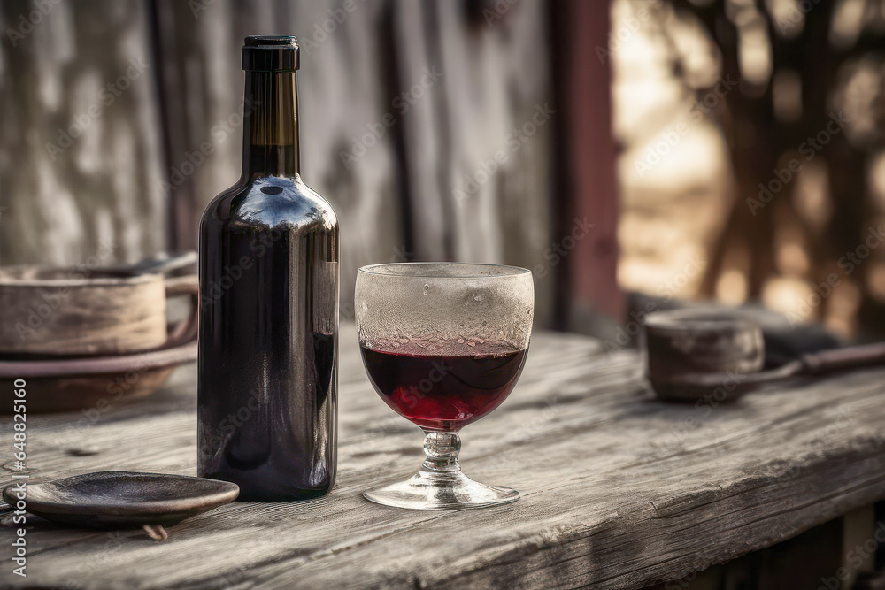 Glass of red wine on a wooden barrel. Generative AI.