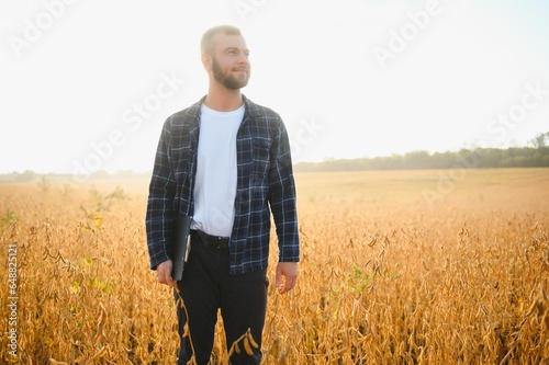 A young handsome farmer or agronomist examines the ripening of soybeans in the field before harvesting