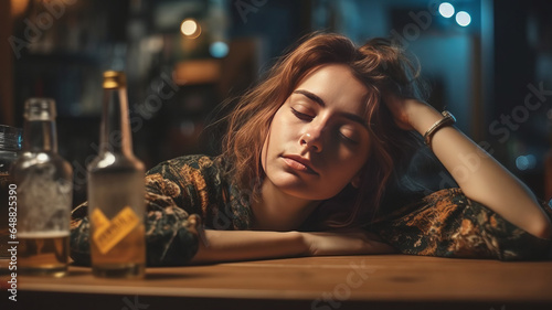 Alcohol addicted woman sleeping at the table