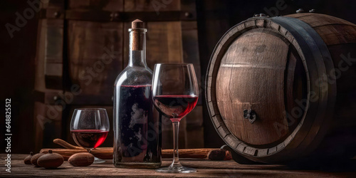 Bottle and glass of red wine, next to a wooden barrel, inside a winery. Generative AI.