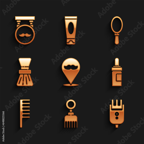 Set Barbershop, Hairbrush, Electrical hair clipper or shaver, Beard and mustaches care oil bottle, Shaving, Hand mirror and icon. Vector