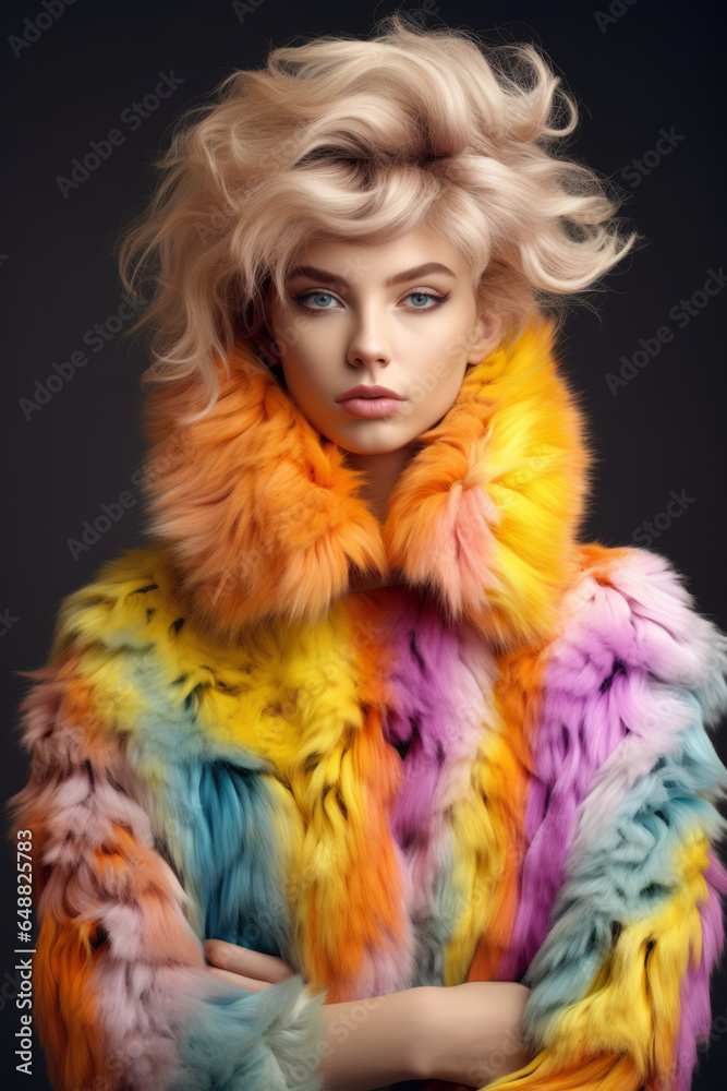 Beautiful young woman wearing a colorful fluffy fur coat Beautiful young woman wearing a colorful fluffy fur coat