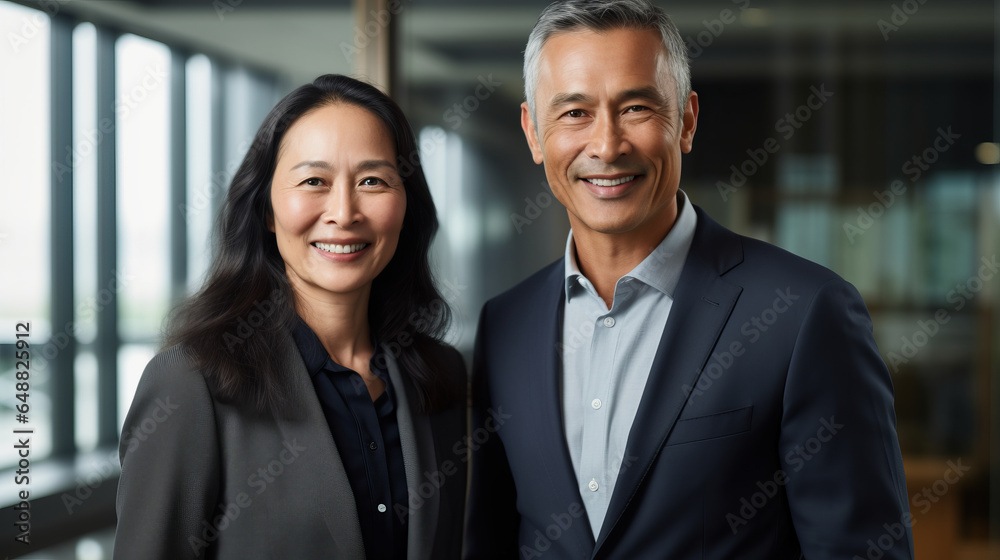 Portrait of two happy confident professional mature latin business man and asian business woman corporate leaders managers standing in office, diverse colleagues team posing together Portrait of two happy confident professional mature latin business man and asian business woman corporate leaders managers standing in office, diverse colleagues team posing together