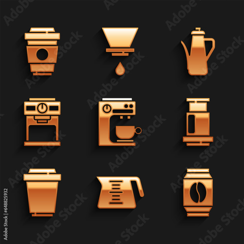 Set Coffee machine, pot, Bag coffee beans, Aeropress, cup to go, Teapot and icon. Vector