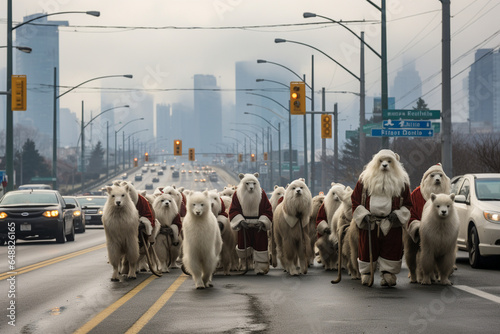 photo of Santa's reindeer lined up in front of a city crosswalk, waiting for the green light as if they were commuters in a hurry. photo