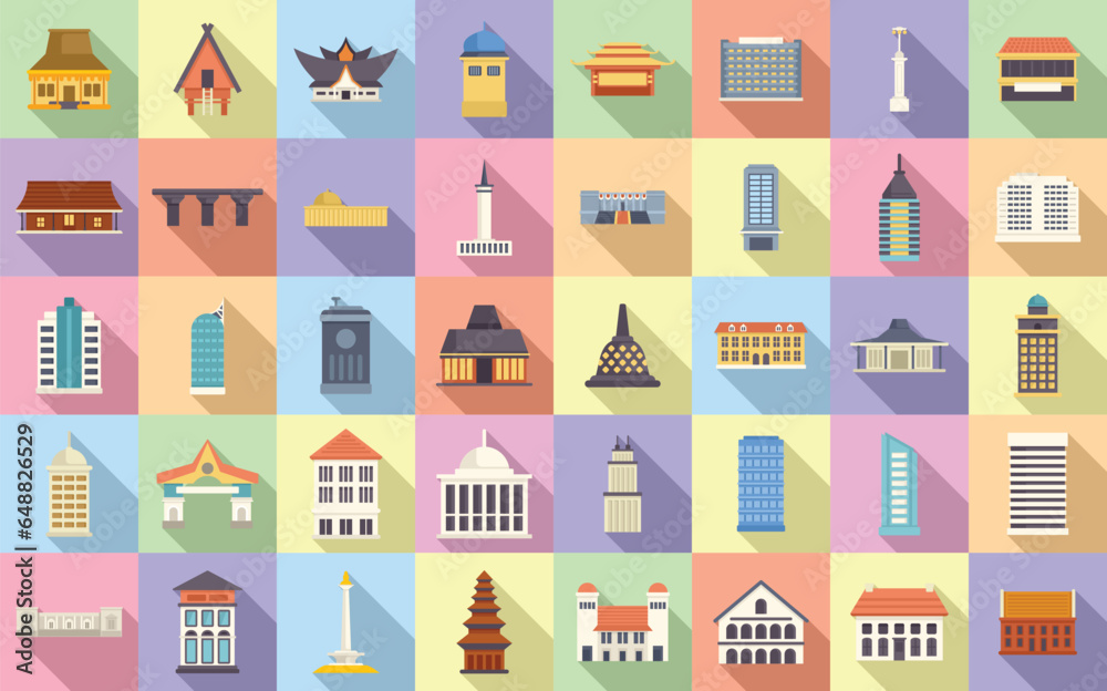 Jakarta icons set flat vector. Landmark building. Asia culture Jakarta icons set flat vector. Landmark building. Asia culture